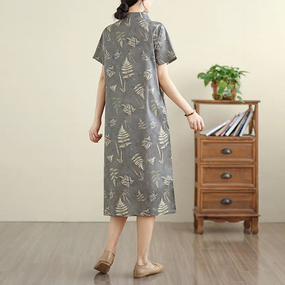 Buddha Stones Retro DarkGray Chinese Frog-Button Cotton Cheongsam Midi Dress With Pockets