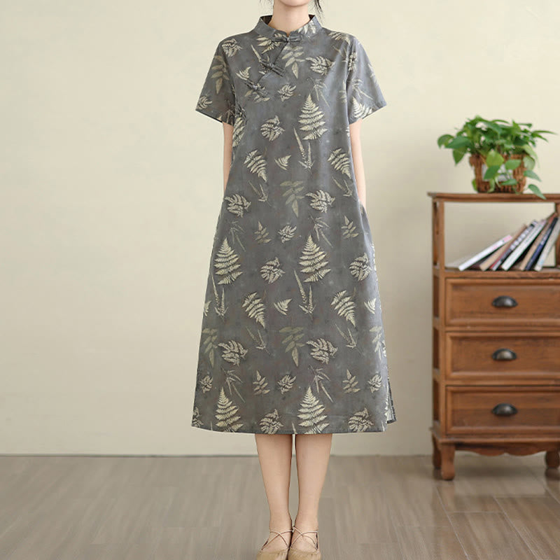 Buddha Stones Retro DarkGray Chinese Frog-Button Cotton Cheongsam Midi Dress With Pockets