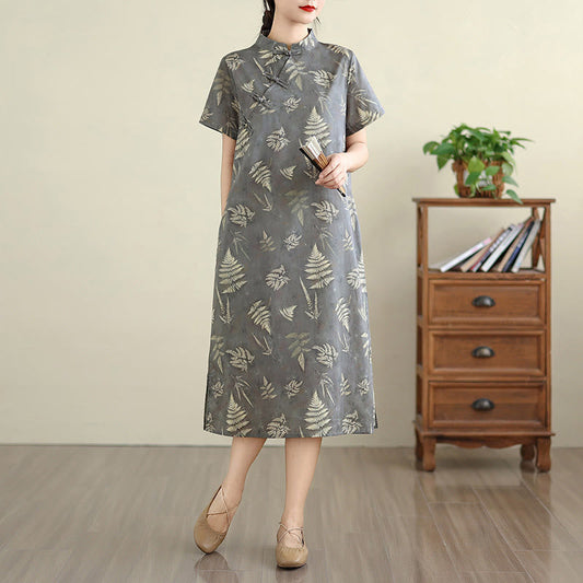 Buddha Stones Retro DarkGray Chinese Frog-Button Cotton Cheongsam Midi Dress With Pockets