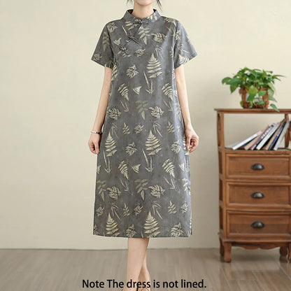 Buddha Stones Retro DarkGray Chinese Frog-Button Cotton Cheongsam Midi Dress With Pockets