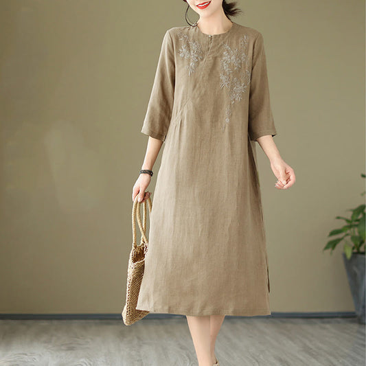 Buddha Stones Vintage Embroidery Three Quarter Sleeve Cotton Linen Midi Dress With Pockets