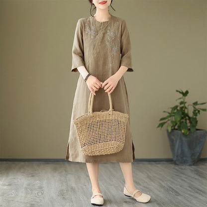 Buddha Stones Vintage Embroidery Three Quarter Sleeve Cotton Linen Midi Dress With Pockets
