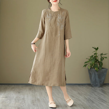 Buddha Stones Vintage Embroidery Three Quarter Sleeve Cotton Linen Midi Dress With Pockets
