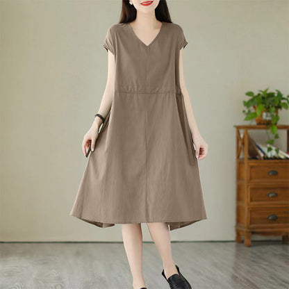 Buddha Stones Pure Color Lace-Up Short Sleeve Cotton Linen Midi Dress With Pockets