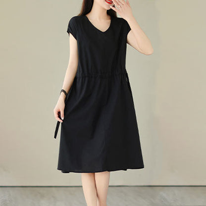 Buddha Stones Pure Color Lace-Up Short Sleeve Cotton Linen Midi Dress With Pockets
