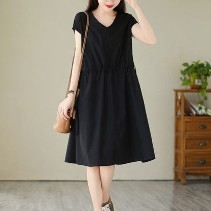Buddha Stones Pure Color Lace-Up Short Sleeve Cotton Linen Midi Dress With Pockets