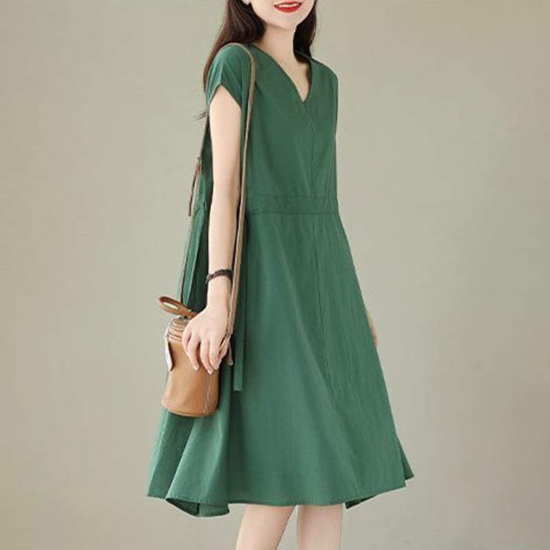 Buddha Stones Pure Color Lace-Up Short Sleeve Cotton Linen Midi Dress With Pockets
