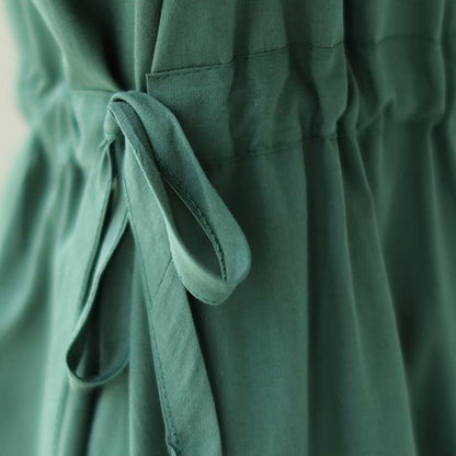 Buddha Stones Pure Color Lace-Up Short Sleeve Cotton Linen Midi Dress With Pockets