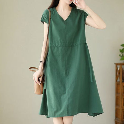 Buddha Stones Pure Color Lace-Up Short Sleeve Cotton Linen Midi Dress With Pockets