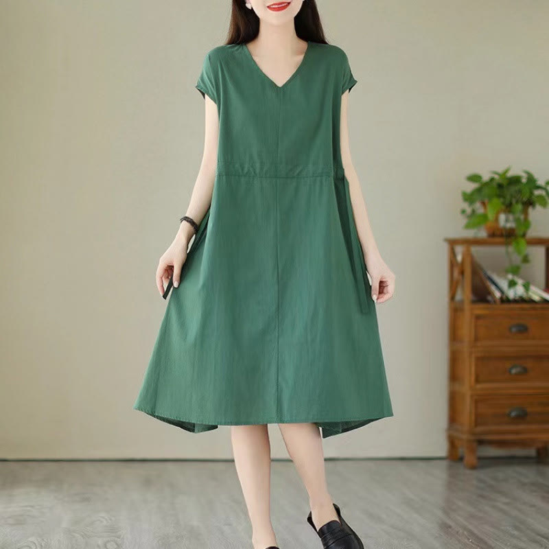 Buddha Stones Pure Color Lace-Up Short Sleeve Cotton Linen Midi Dress With Pockets