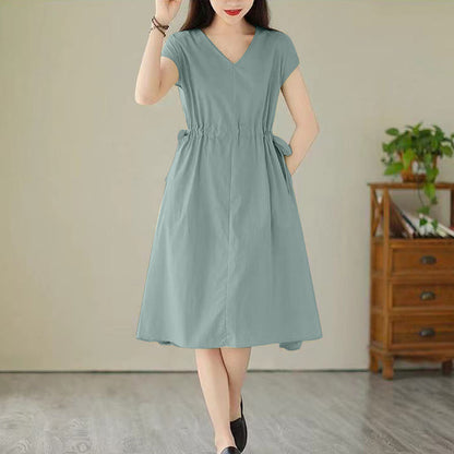 Buddha Stones Pure Color Lace-Up Short Sleeve Cotton Linen Midi Dress With Pockets