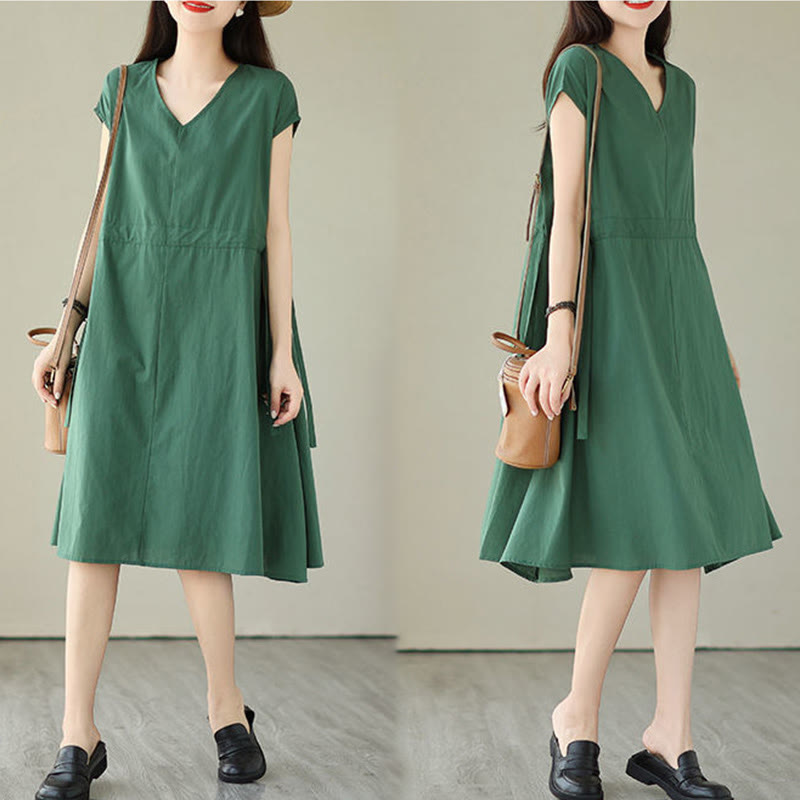 Buddha Stones Pure Color Lace-Up Short Sleeve Cotton Linen Midi Dress With Pockets