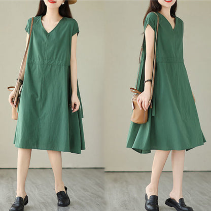 Buddha Stones Pure Color Lace-Up Short Sleeve Cotton Linen Midi Dress With Pockets