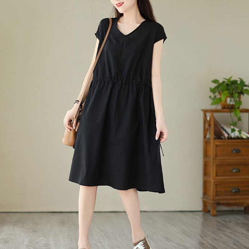 Buddha Stones Pure Color Lace-Up Short Sleeve Cotton Linen Midi Dress With Pockets