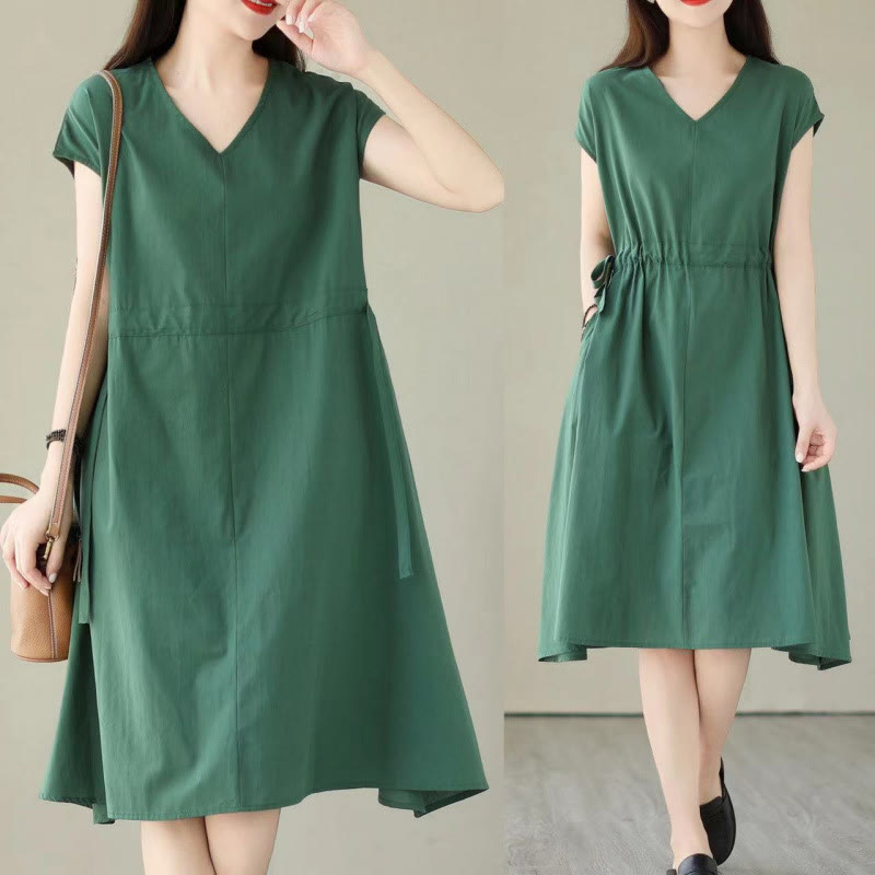 Buddha Stones Pure Color Lace-Up Short Sleeve Cotton Linen Midi Dress With Pockets