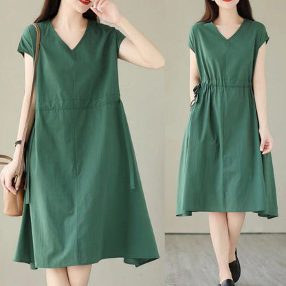 Buddha Stones Pure Color Lace-Up Short Sleeve Cotton Linen Midi Dress With Pockets