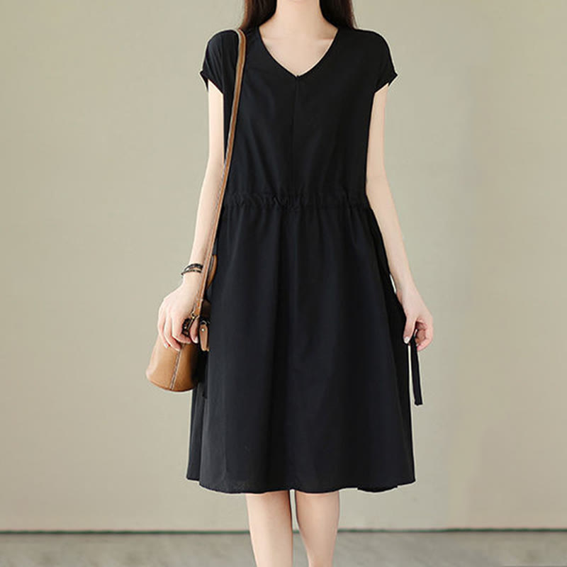 Buddha Stones Pure Color Lace-Up Short Sleeve Cotton Linen Midi Dress With Pockets