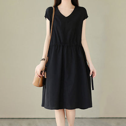 Buddha Stones Pure Color Lace-Up Short Sleeve Cotton Linen Midi Dress With Pockets