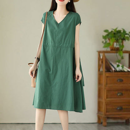 Buddha Stones Pure Color Lace-Up Short Sleeve Cotton Linen Midi Dress With Pockets