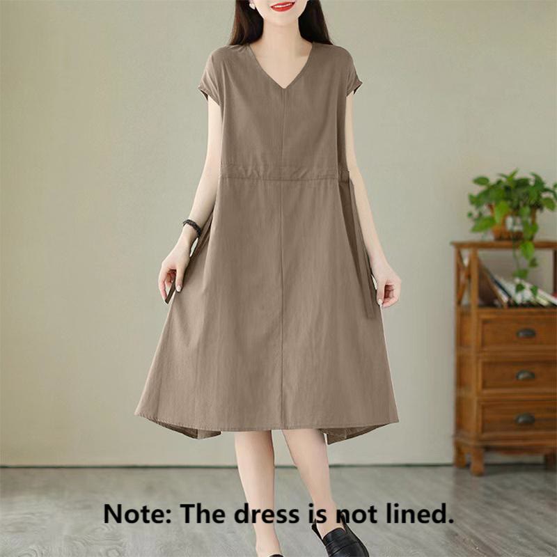 Buddha Stones Pure Color Lace-Up Short Sleeve Cotton Linen Midi Dress With Pockets