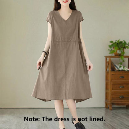 Buddha Stones Pure Color Lace-Up Short Sleeve Cotton Linen Midi Dress With Pockets