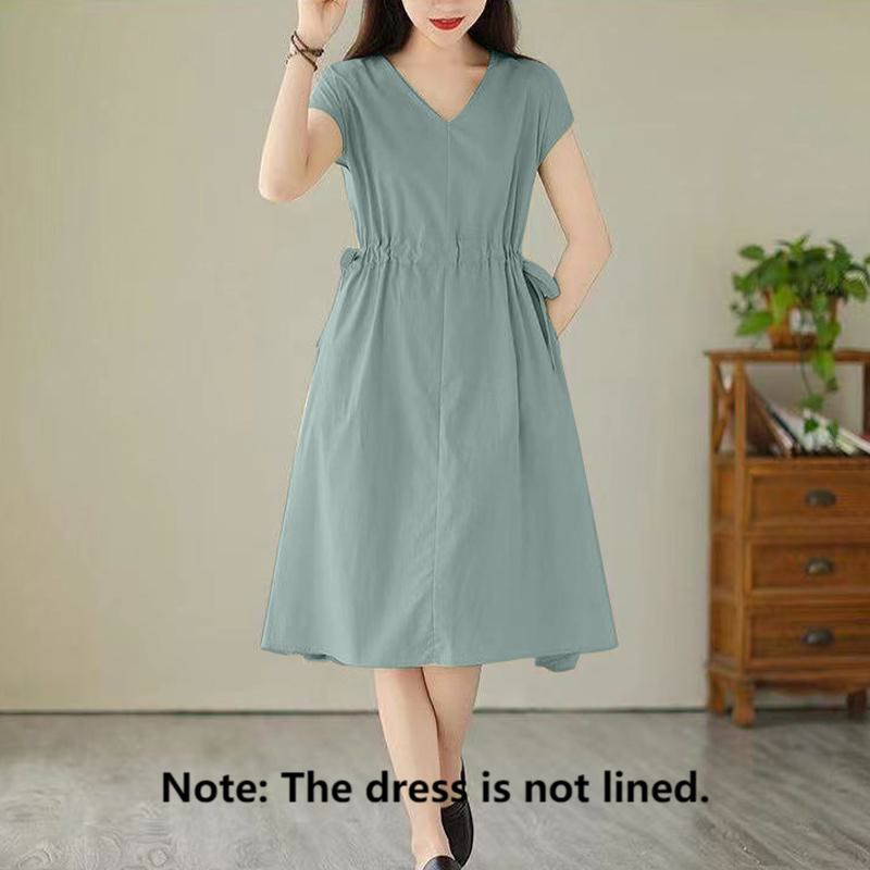Buddha Stones Pure Color Lace-Up Short Sleeve Cotton Linen Midi Dress With Pockets