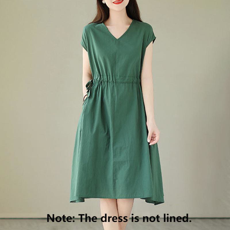 Buddha Stones Pure Color Lace-Up Short Sleeve Cotton Linen Midi Dress With Pockets
