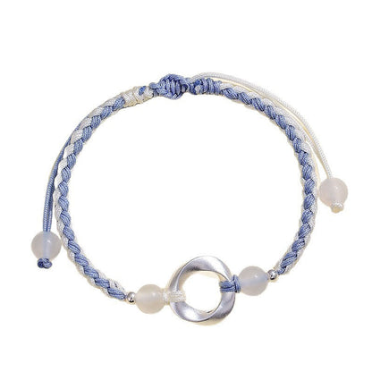 Buddha Stones 925 Sterling Silver Mobius White Agate Bead Braided String Protection Bracelet