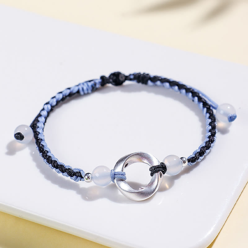 Buddha Stones 925 Sterling Silver Mobius White Agate Bead Braided String Protection Bracelet