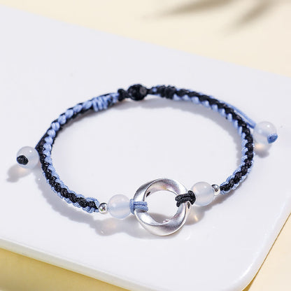 Buddha Stones 925 Sterling Silver Mobius White Agate Bead Braided String Protection Bracelet