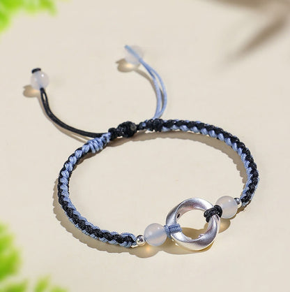 Buddha Stones 925 Sterling Silver Mobius White Agate Bead Braided String Protection Bracelet
