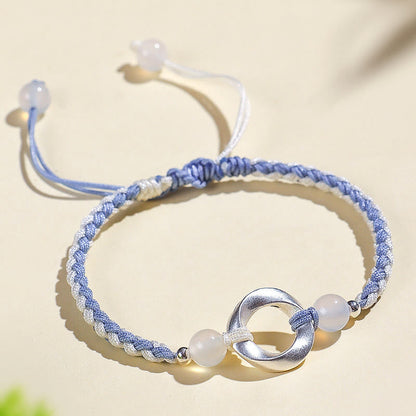 Buddha Stones 925 Sterling Silver Mobius White Agate Bead Braided String Protection Bracelet