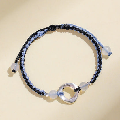 Buddha Stones 925 Sterling Silver Mobius White Agate Bead Braided String Protection Bracelet