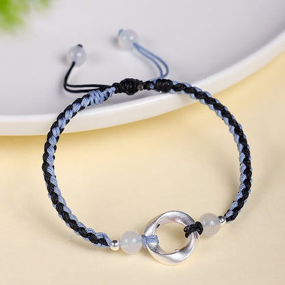 Buddha Stones 925 Sterling Silver Mobius White Agate Bead Braided String Protection Bracelet