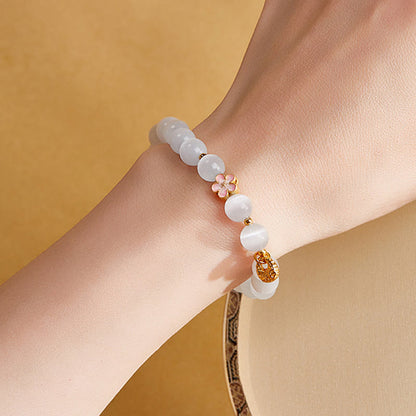 Buddha Stones 925 Sterling Silver Peach Blossom Lucky Bag White Cat's Eye Luck Bracelet