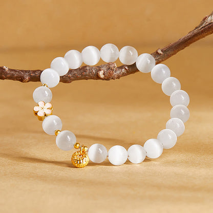 Buddha Stones 925 Sterling Silver Peach Blossom Lucky Bag White Cat's Eye Luck Bracelet