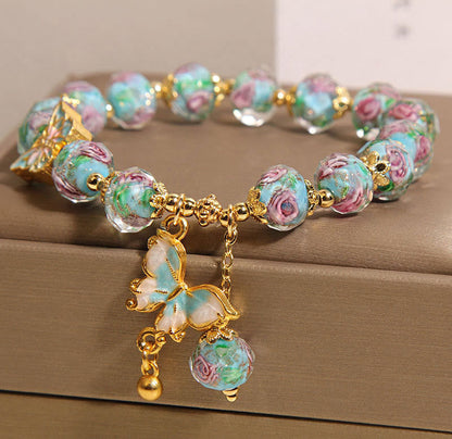 Buddha Stones Butterfly Charm Rose Flower Liuli Bracelet