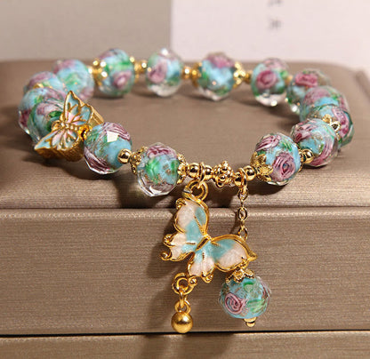 Buddha Stones Butterfly Charm Rose Flower Liuli Bracelet