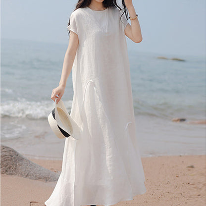 Buddha Stones Plain Irregular Hem Short Sleeve Cotton Linen Maxi Dress