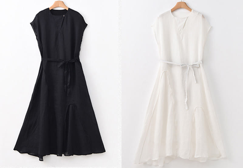Buddha Stones Plain Irregular Hem Short Sleeve Cotton Linen Maxi Dress