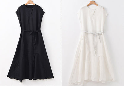 Buddha Stones Plain Irregular Hem Short Sleeve Cotton Linen Maxi Dress