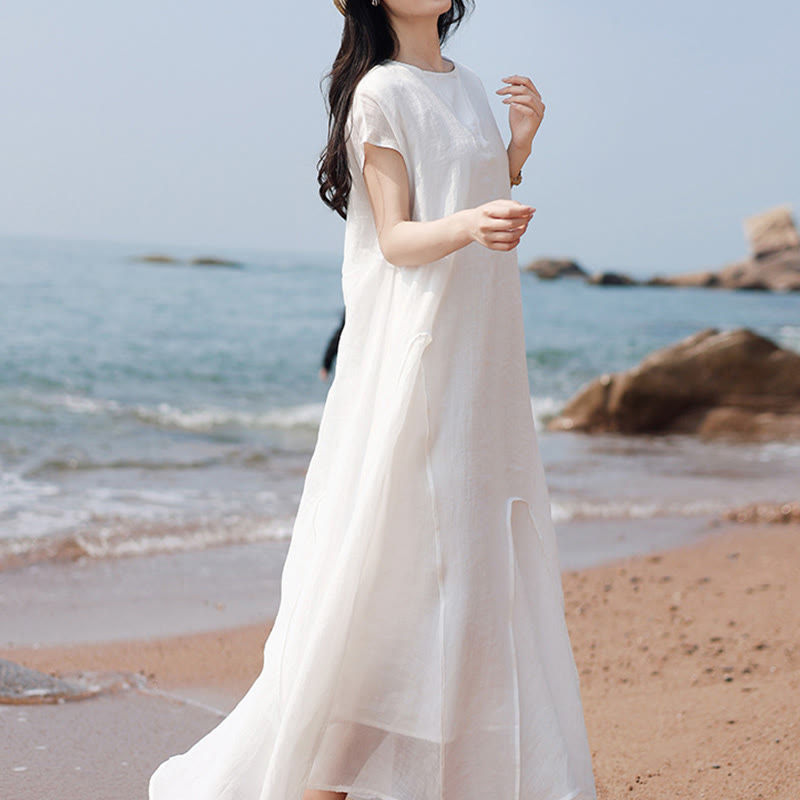 Buddha Stones Plain Irregular Hem Short Sleeve Cotton Linen Maxi Dress