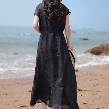 Buddha Stones Plain Irregular Hem Short Sleeve Cotton Linen Maxi Dress