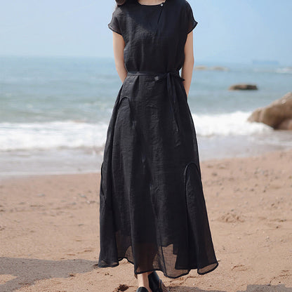 Buddha Stones Plain Irregular Hem Short Sleeve Cotton Linen Maxi Dress