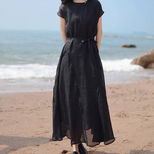 Buddha Stones Plain Irregular Hem Short Sleeve Cotton Linen Maxi Dress