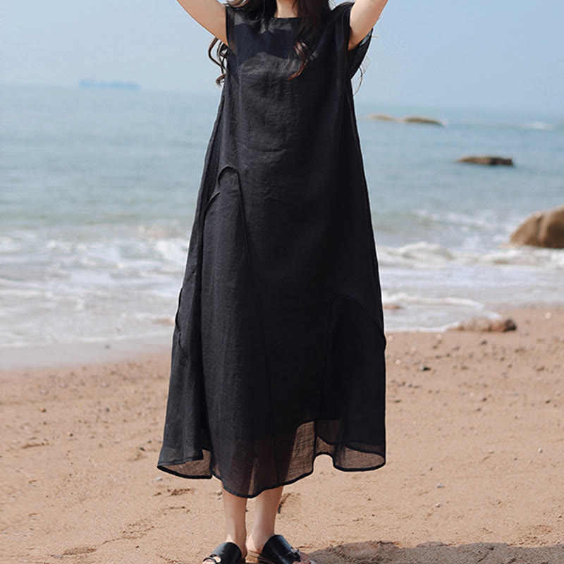 Buddha Stones Plain Irregular Hem Short Sleeve Cotton Linen Maxi Dress