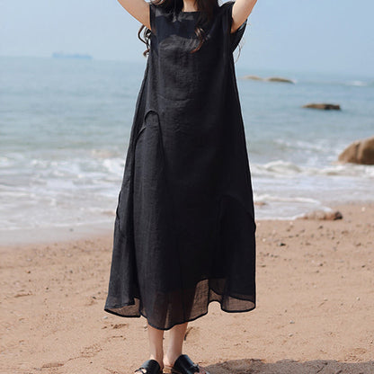 Buddha Stones Plain Irregular Hem Short Sleeve Cotton Linen Maxi Dress