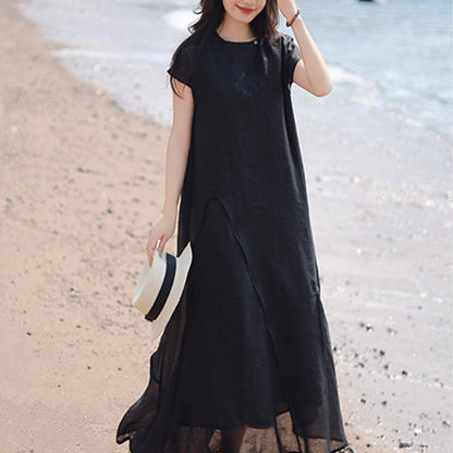 Buddha Stones Plain Irregular Hem Short Sleeve Cotton Linen Maxi Dress