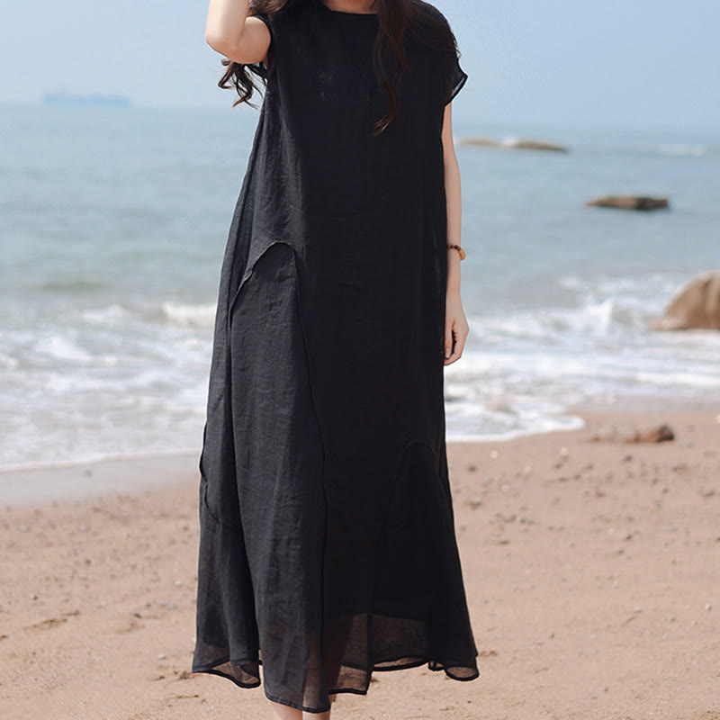 Buddha Stones Plain Irregular Hem Short Sleeve Cotton Linen Maxi Dress