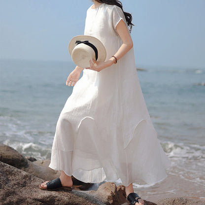 Buddha Stones Plain Irregular Hem Short Sleeve Cotton Linen Maxi Dress